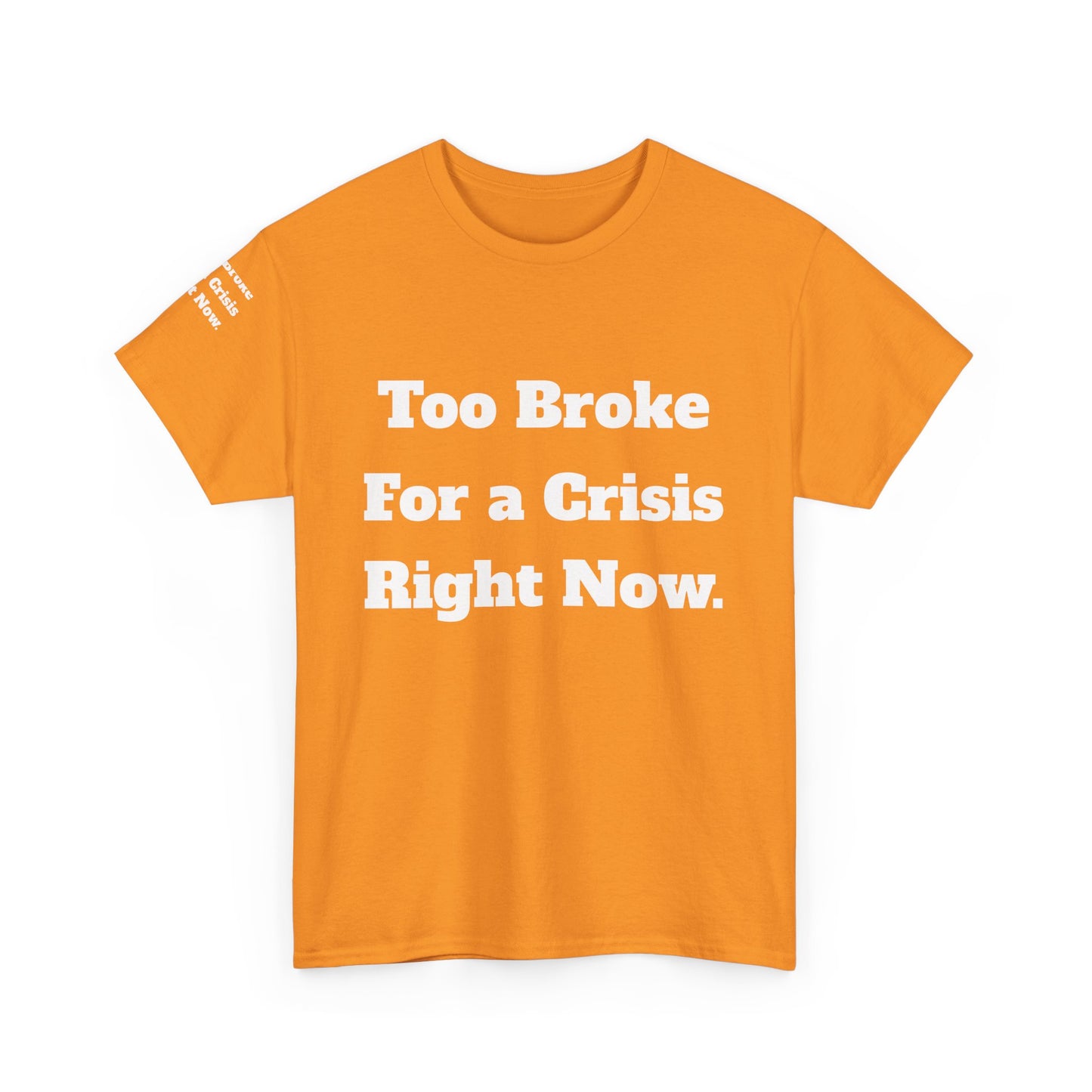 Too Broke for a Crisis Right Now, Humorous, Sarcastic T-Shirt, Frontside Graphic Tee