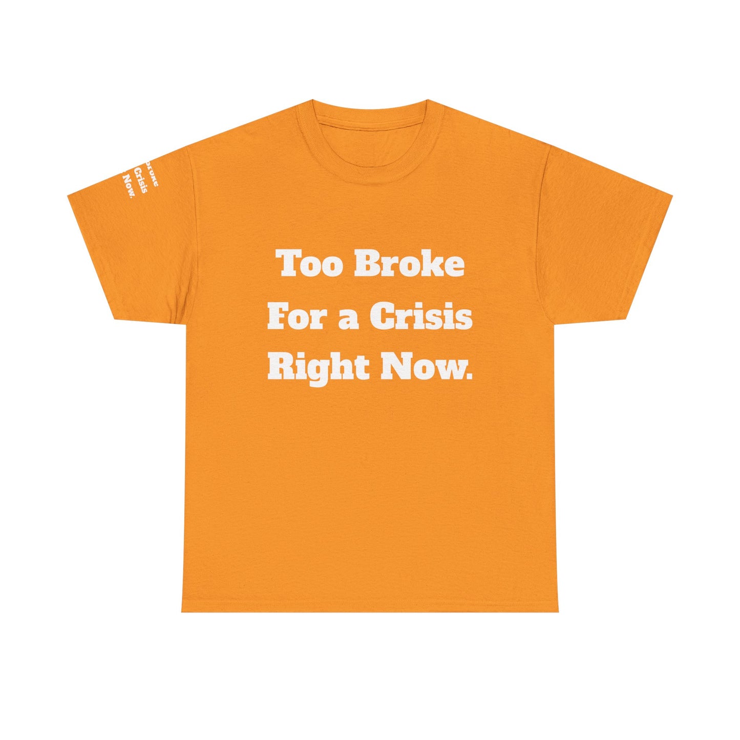 Too Broke for a Crisis Right Now, Humorous, Sarcastic T-Shirt, Frontside Graphic Tee